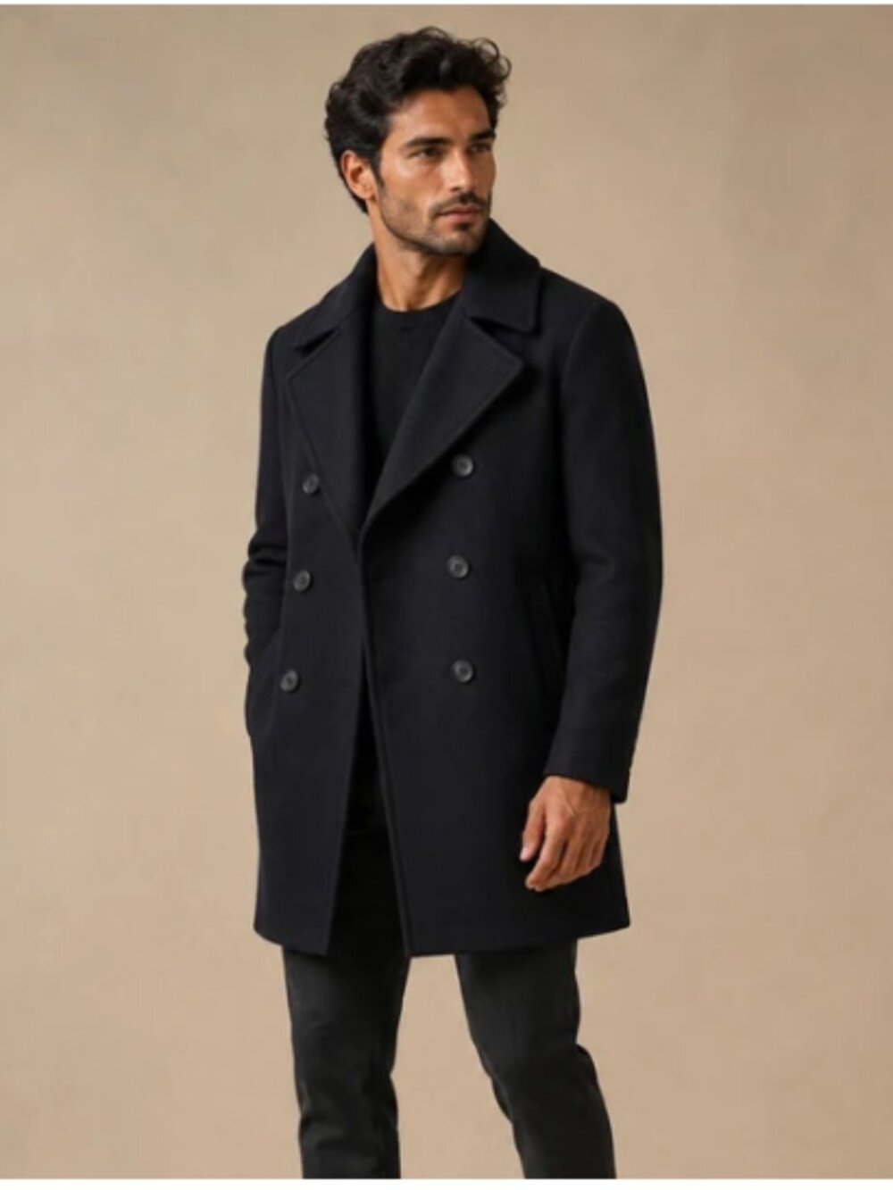BR Classic Wool/Cashmere Men's Double Breasted Black Peacoat L